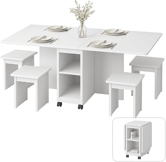 Folding Drop Leaf Dining Table Set with 4 Chairs – Space-Saving Kitchen Table with Hidden Storage, Perfect for Small Apartments