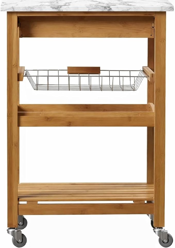 Boraam Aya Bamboo Kitchen Cart with Faux Marble Top