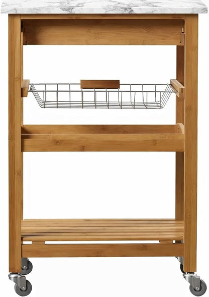 Boraam Aya Bamboo Kitchen Cart with Faux Marble Top