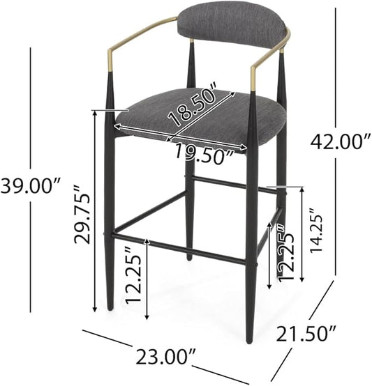 Padded Bar Stool Set with Backrest (2-Piece) — 29.75-inch seat Height fits Kitchen Islands 40.5 inches and Above, Supports up to 260 lbs. (Charcoal,Fabric)