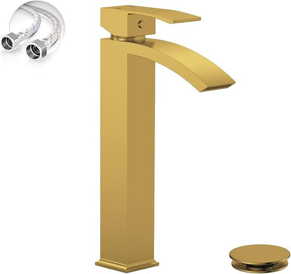 Brushed Gold Vessel Sink Faucet, Greenspring Waterfall Bathroom Faucets, Tall Spout Single Handle Single Hole Bathroom Faucets with Pop Up Drain and Without Overflow Basin Faucet Supply Line