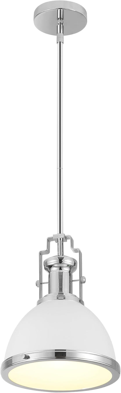 JONATHAN Y 10" Chrome/White Modern Industrial Iron LED Dome Pendant Light, Adjustable Hanging Fixture for Kitchen Island or Entryway, Black Metal Shade, LED Bulb Included (JYL9535C)