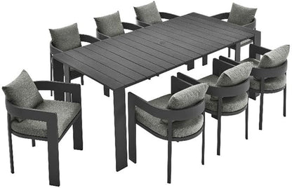 Modway Tahoe Outdoor Patio Powder-Coated Aluminum 9-Piece Dining Set in Gray Gray - Rectangular Patio Furniture Set for 8 - Outside Table with Umbrella Hole and Cushioned Chairs - Modern Patio Set