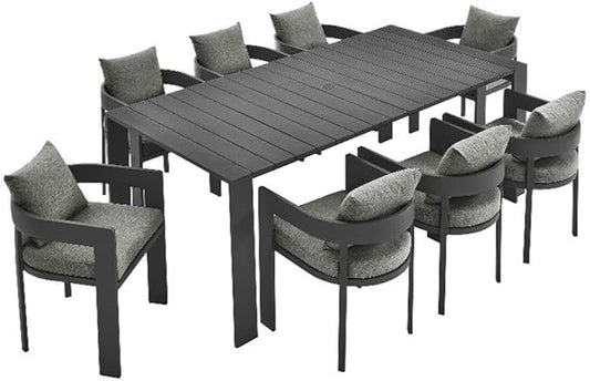 Modway Tahoe Outdoor Patio Powder-Coated Aluminum 9-Piece Dining Set in Gray Gray - Rectangular Patio Furniture Set for 8 - Outside Table with Umbrella Hole and Cushioned Chairs - Modern Patio Set