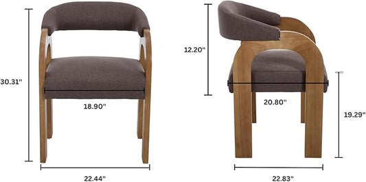 Farmhouse Dining Chairs Set of 6 - Upholstered Armchairs with Linen Cushions & Curved Wooden Arms, Barrel Wood Kitchen Chairs for Dining Room/Cafe/Kitchen Island (Espresso Brown)