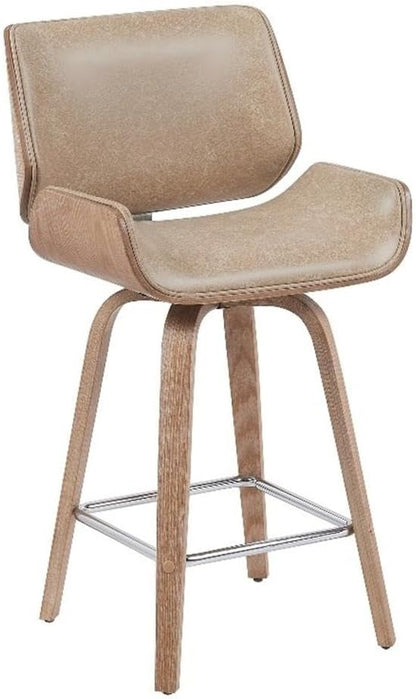 Armen Living Tyler Modern Counter Height Swivel Bar Stool with White Wash Finished Wood and Vintage Brown Upholstery