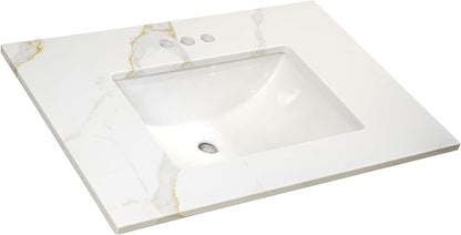 Design House Calesco Calacatta Quartz Bathroom Vanity Top, White with Taupe and Grey Veining, Pre-Mounted White Bowl, 31 in L x 22 in W x 12.5 in H, with Backsplash, 4 in Center Set, 227900-CC-CC