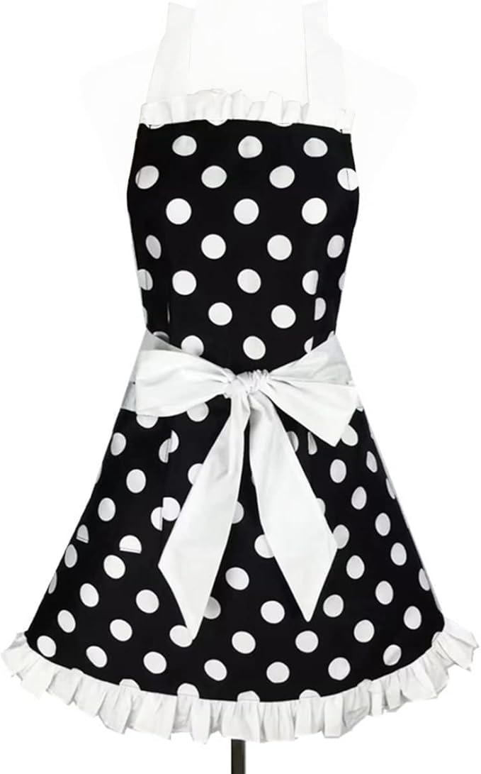Hyzrz Cute Apron Retro Black Polka Dot Retro Ruffle Side Vintage Cooking Aprons with Pockets for Women Girls (Side White)