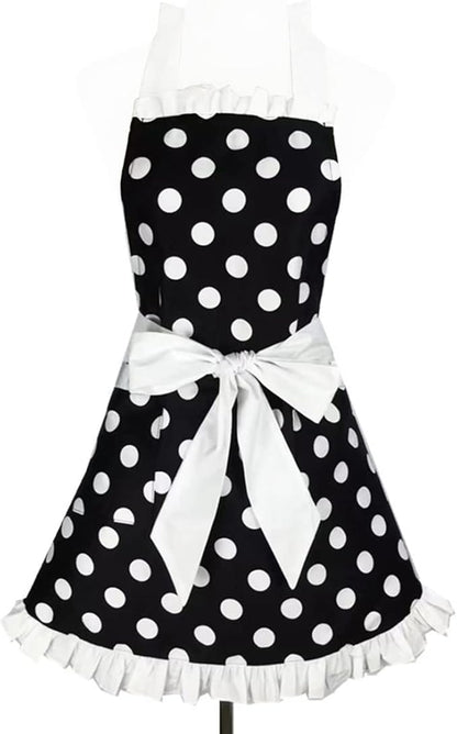 Hyzrz Cute Apron Retro Black Polka Dot Retro Ruffle Side Vintage Cooking Aprons with Pockets for Women Girls (Side White)