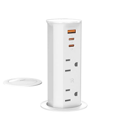 ANNQUAN 2 inch Space Saver Pop Up Outlet for Countertop with PD20W USB Ports,2 Outlets Tamper Resistant,Splashproof Pop Up Socket,Desk Power Grommet for Home Office Kitchen White (ETL Listed)