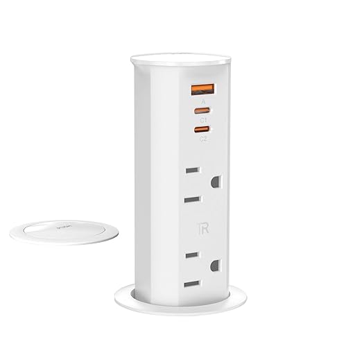 ANNQUAN 2 inch Space Saver Pop Up Outlet for Countertop with PD20W USB Ports,2 Outlets Tamper Resistant,Splashproof Pop Up Socket,Desk Power Grommet for Home Office Kitchen White (ETL Listed)