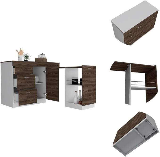 GOWE Laurel 3-Drawer L-Shaped Convertible Kitchen Island White and Dark Walnut