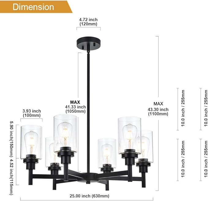 VINLUZ 6 Light Industrial Chandelier Black Pendant Lighting Hanging Fixture with Cylinder Clear Glass for Kitchen Bedroom Dining Room