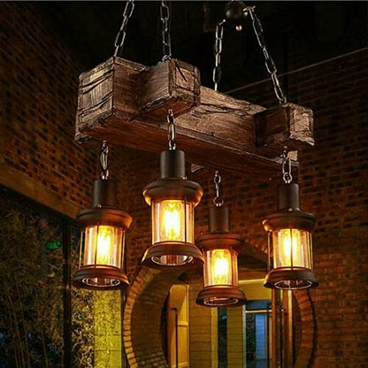 4 Lights Rustic Wood Chandelier, Industrial Vintage Wooden Ceiling Lamp Hanging Pendant Light Retro Suspension Lighting Fixture for Living Dining Room Bedroom Kitchen Restaurant Coffee Shop