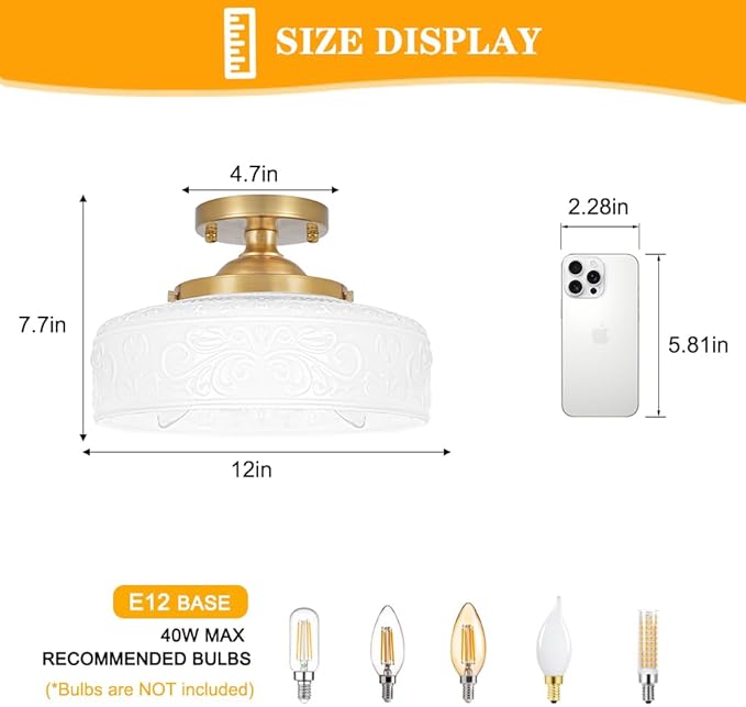 Daunton Gold Semi Flush Mount Ceiling Light with Hand-Carved Design - 12 Inch Vintage White Glass Shade with Etched Patterns, Easy Install 3-Light Fixture for Hallway, Kitchen, Bedroom