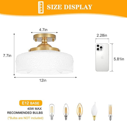 Daunton Gold Semi Flush Mount Ceiling Light with Hand-Carved Design - 12 Inch Vintage White Glass Shade with Etched Patterns, Easy Install 3-Light Fixture for Hallway, Kitchen, Bedroom