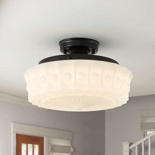 youngrender Schoolhouse Light Fixture Modern Black Flush Mount Ceiling Lighting 14" Milk White Glass Shade Vintage Ceiling Light for Farmhouse Kitchen Hallway Entryway