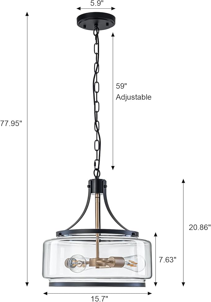 15.7 Inch Glass Drum Dining Room Light Fixture Over Table, Modern Black and Gold Chandeliers for Dining Room, Drum Pendant Light for Kitchen,Entryway,Living Room