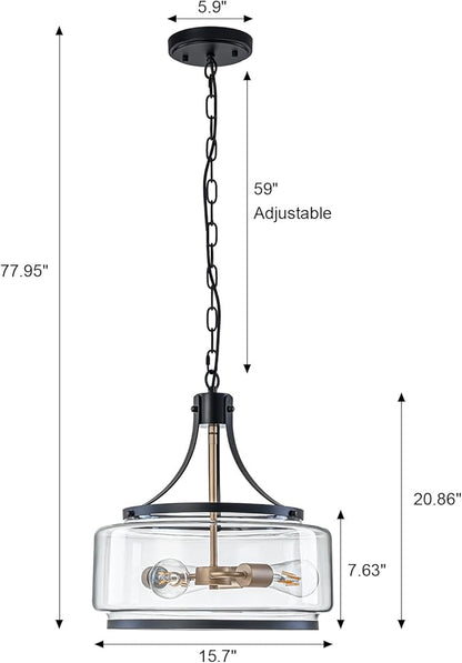 15.7 Inch Glass Drum Dining Room Light Fixture Over Table, Modern Black and Gold Chandeliers for Dining Room, Drum Pendant Light for Kitchen,Entryway,Living Room