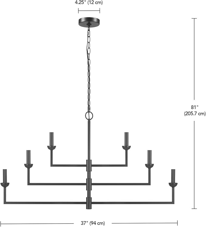Globe Electric 67000125 6-Light Chandelier, Matte Black, 3-Tier Construction, Black Chain, Swivel Arms, Candelabra Base Bulbs, Ceiling Light Fixture, Chandeliers for Dining Room, Home Decor