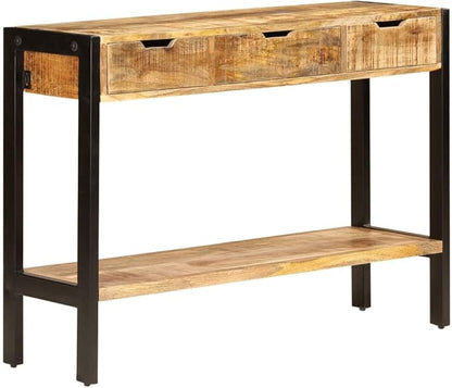 Brown Solid Mango Wood Sideboard, 43.3" Living Room Buffet Cabinet with 3 Drawers, Polished Finish, Powder-Coated Steel Frame, Vintage Console Table Furniture Kitchen Furniture