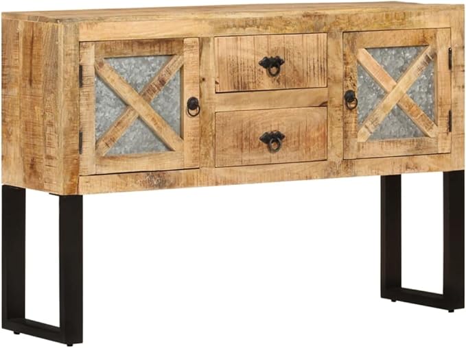 Industrial Style Mango Wood Sideboard, Rough Finish, 43.3" Wide, Living Room Buffet Cabinet with 2 Doors & 2 Drawers, Polished Brown Storage Furniture Kitchen Furnitur