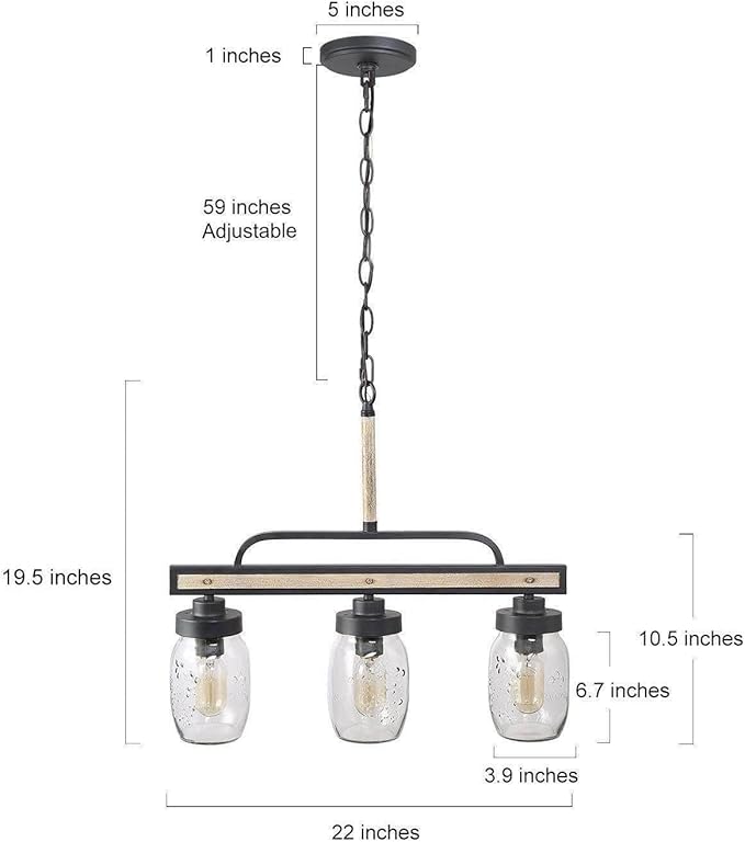 Farmhouse Chandelier, 3-Light Rustic Mason Jar Pendant Chandeliers Light Fixtures for Dining Room, Linear Faux Wood Kitchen Island Lighting