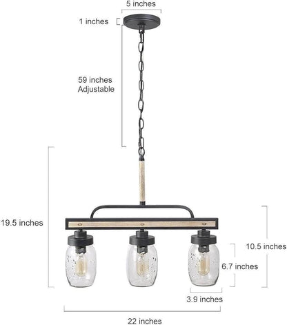 Farmhouse Chandelier, 3-Light Rustic Mason Jar Pendant Chandeliers Light Fixtures for Dining Room, Linear Faux Wood Kitchen Island Lighting