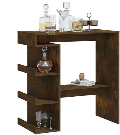 Smoked Oak Bar Table with Storage Rack, 40 Inch Height Dining Table for Kitchen, Living Room, and Breakfast Nook