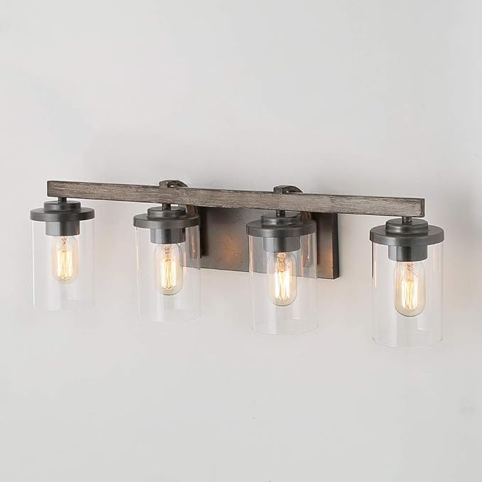 LALUZ Bathroom Vanity Light Fixtures, Farmhouse Vanity Lighting with Clear Glass Shades, Faux Wood, 4-Light, 28’’ L x 6.3’’ W x 8.7’’ H