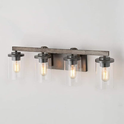 LALUZ Bathroom Vanity Light Fixtures, Farmhouse Vanity Lighting with Clear Glass Shades, Faux Wood, 4-Light, 28’’ L x 6.3’’ W x 8.7’’ H
