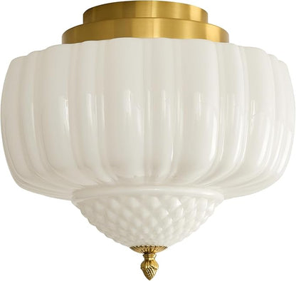 14 inch Vintage Semi Flush Mount Ceiling Light Gold Schoolhouse Ceiling Light Fixture Mid Century Milk Glass Ceiling Lamp for Kitchen Restaurant Bedroom and Hallway(White)