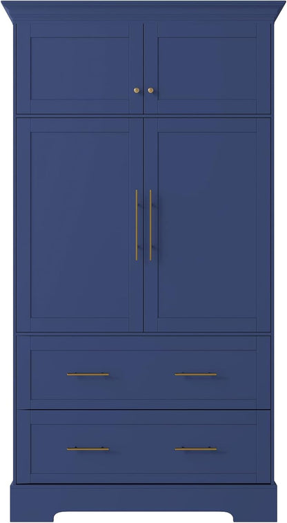 Merax 72.6" Farmhouse Kitchen Pantry Cabinet with Pull-Out Trays & Drawers, Freestanding Pantry with Cake Pan Storage, 4-Door Shaker Style Storage Cabinet, 40" L x 18" W, Blue