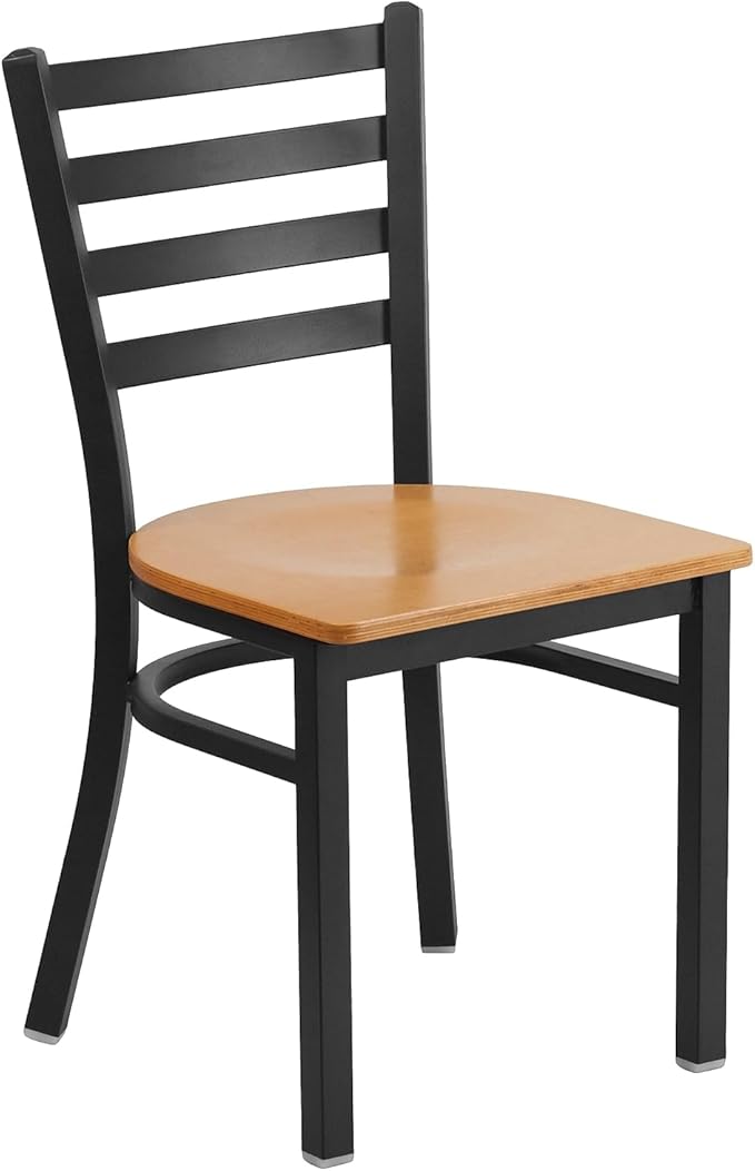 Flash Furniture 2 Pack HERCULES Series Black Ladder Back Metal Restaurant Chair - Natural Wood Seat