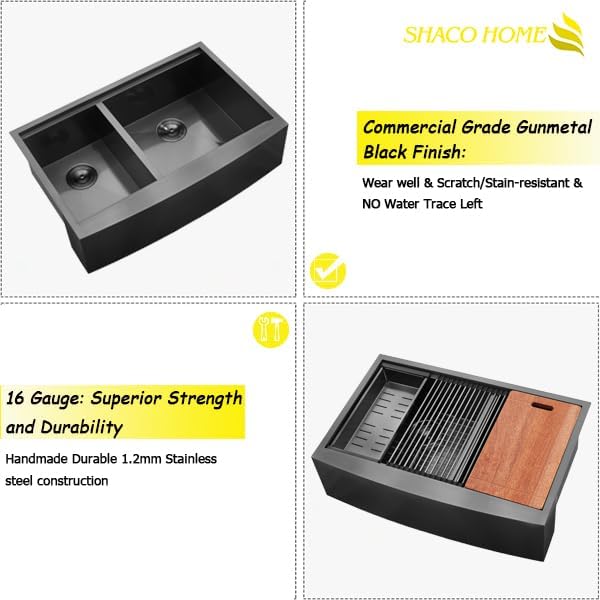 SHACO Double Bowl 60/40 Black Farmhouse Sink, 33x22 Inch Stainless Steel Apron Front Divided Double Basin Farmhouse Kitchen Sink, Gunmetal Black Farm Workstation Sink