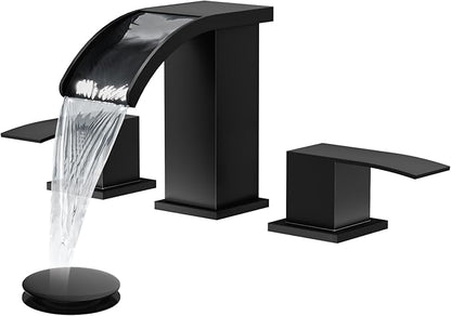 gotonovo Waterfall 8 inch Widespread Bathroom Faucet Set Bathroom Sink Faucet 3 Hole 2 Handle Vanity Lavatory Deck Mount with Pop Up Drain and Water Supply Lines Square Body Matte Black