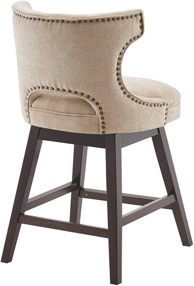 Madison Park Emmett Swivel Counter Stool - Chic Modern, Scoop Back, Counter Height Barstool, Kitchen Island Chair, Solid Wood Legs, Silver Nailhead Accent, Assembly Required, 37" High Beige