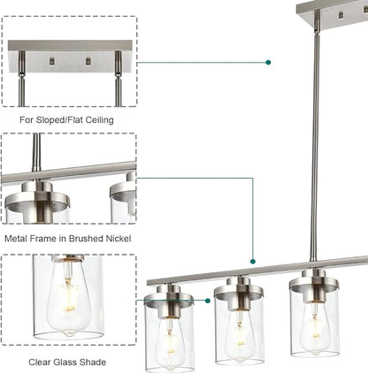 6 Light Pendant Lights Kitchen Island,Brushed Nickel Farmhouse Island Lighting Fixture Clear Glass Shade Pendant Lighting for Living Room Hallway Bedroom Dining Hall Office Bar