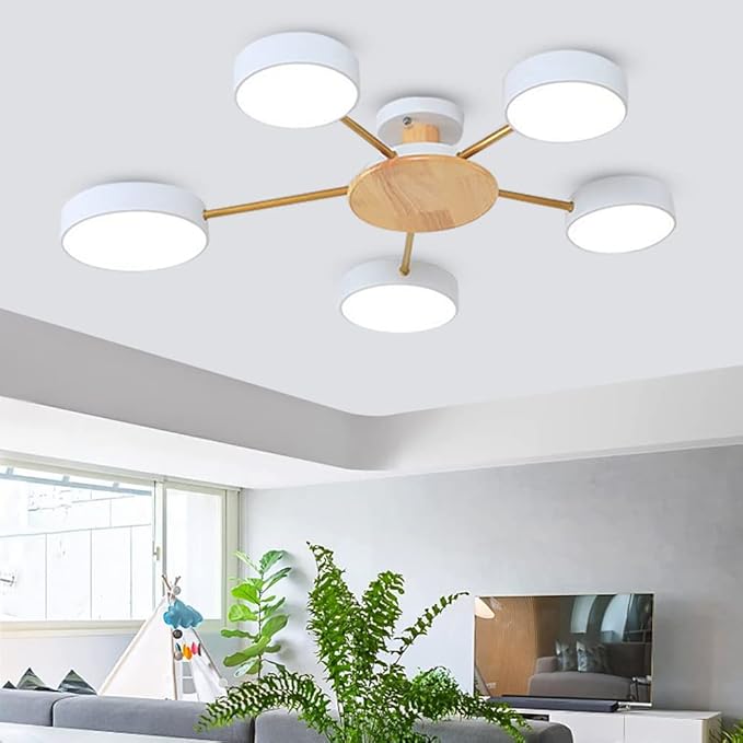 5-Lights LED Ceiling Light Fixture,32 Inch Modern Ceiling Lights Flush Mount Wooden 40W Dimmable Chandelier for Living Room Bedroom Kitchen,3000K/4000K/6000K Temperatures Selectable White