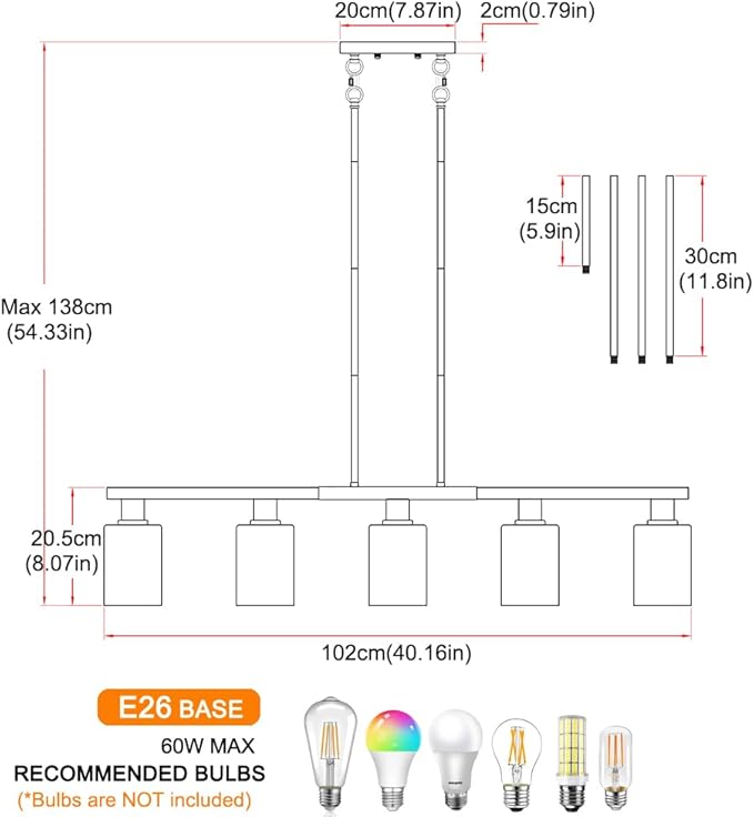 5-Light Kitchen Island Lighting Gold Adjustable Chandelier, Farmhouse Dining Room Light Fixtures Over Table, Height Adjustable Linear Pendant Light Fixture with Clear Glass Shade for Kitchen