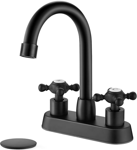 4 Inch Centerset Bathroom Faucets Double Cross Handle Bathroom Sink Faucet Deck Mounted Vintage RV Farmhouse Vanity Basin Mixer Tap with Pop up Drain,Matte Black