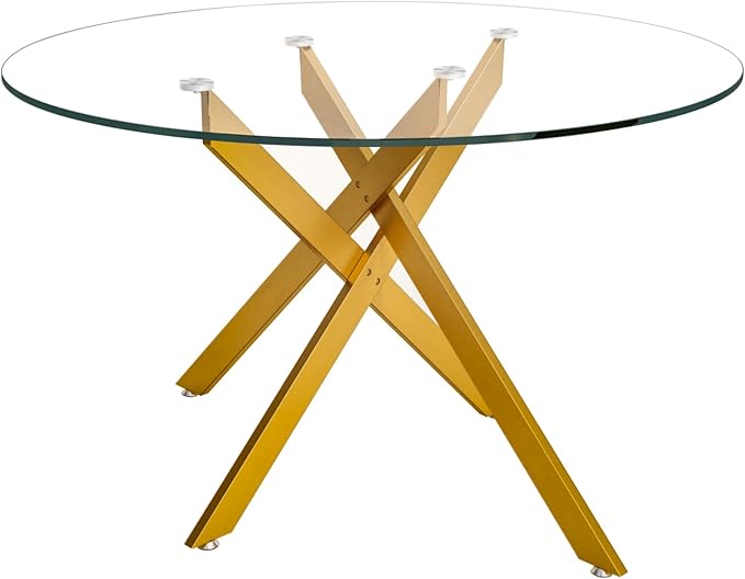 Round Glass Dining Table,Glass Dining Room Table with Tempered Glass Tabletop and Metal Legs, Modern Style Round Kitchen Table for Home, Kitchen, Dining Room