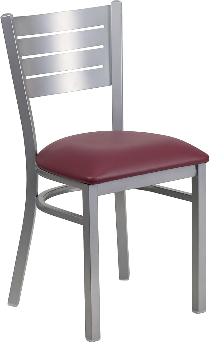 Flash Furniture HERCULES Series Silver Slat Back Metal Restaurant Chair - Burgundy Vinyl Seat