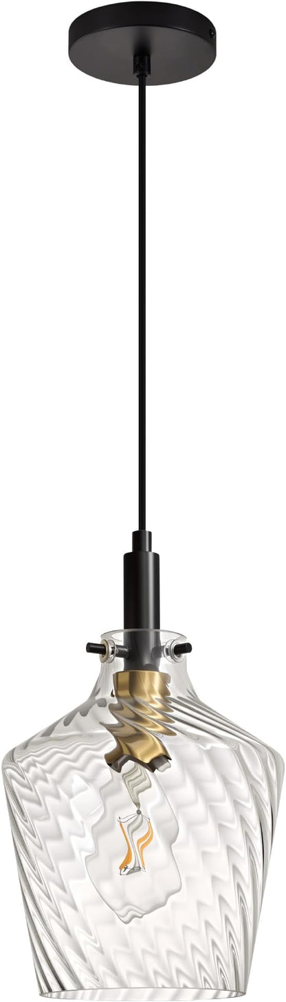 Modern Stripes Clear Glass Pendant Lighting for Kitchen Island 1 Pack, Farmhouse Black and Gold Pendant Light Fixtures, Height Adjustable Ceiling Pendant Light, 8 Inch