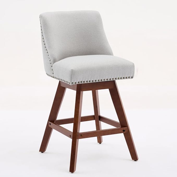 Comfortable Upholstered Swivel Bar Stool with Wooden Legs and Soft Fabric Seat for Kitchen Island or Home Bar Use (Beige + Wood+Fabric + Foam)