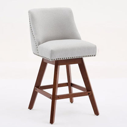 Comfortable Upholstered Swivel Bar Stool with Wooden Legs and Soft Fabric Seat for Kitchen Island or Home Bar Use (Beige + Wood+Fabric + Foam)