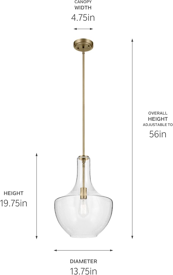 Everly 19.75" 1-Light Bell Pendant with Clear Seeded Glass in Brushed Nickel, for Kitchen Island, Dining Nook, Bedroom, (19.75" x 13.75") 42046NBRCS