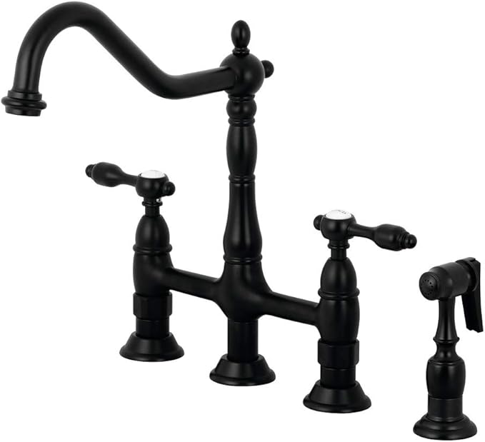 Kingston Brass KS1270TALBS Two-Handle 4-Hole Deck Mount Bridge Kitchen Faucet with Brass Sprayer in Matte Black