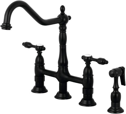 Kingston Brass KS1270TALBS Two-Handle 4-Hole Deck Mount Bridge Kitchen Faucet with Brass Sprayer in Matte Black