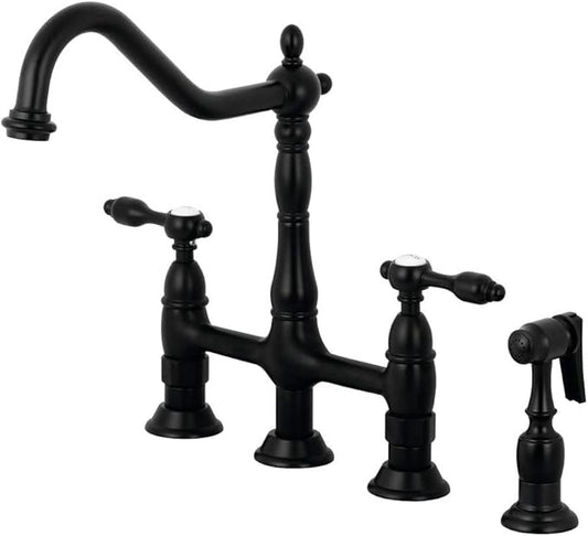 Kingston Brass KS1270TALBS Two-Handle 4-Hole Deck Mount Bridge Kitchen Faucet with Brass Sprayer in Matte Black